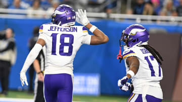 Jan 7, 2024; Detroit, Michigan, USA; Minnesota Vikings wide receiver Justin Jefferson (18) celebrates with wide receiver K.J. Osborn (17) after scoring a touchdown against the Detroit Lions in the third quarter at Ford Field. Mandatory Credit: Lon Horwedel-USA TODAY Sports