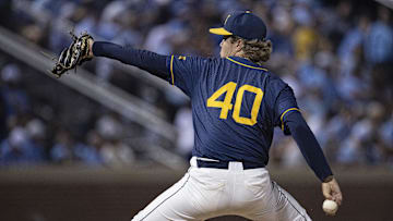 Jun 8, 2024; Chapel Hill, NC, USA; West Virginia Mountaineers Carson Estridge (40) pitches against the North Carolina Tar Heels in the sixth inning of the DI Baseball Super Regional at Boshamer Stadium. Mandatory Credit: Jeffrey Camarati-Imagn Images

