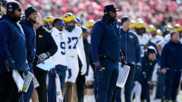 Michigan Wolverines head coach Sherrone Moore watches his team against Ohio State Buckeyes during the first quarter of the NCAA football game at Ohio Stadium in Columbus on Saturday, Nov. 30, 2024.