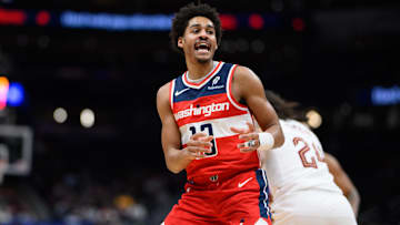 Feb 7, 2025; Washington, District of Columbia, USA; Washington Wizards guard Jordan Poole (13) reacts after a made shot during the first quarter against the Cleveland Cavaliers at Capital One Arena. Mandatory Credit: Reggie Hildred-Imagn Images