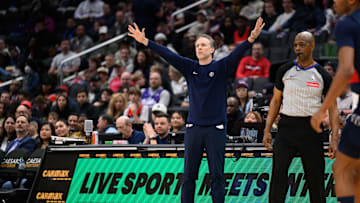 Mar 5, 2025; Washington, District of Columbia, USA; Washington Wizards head coach Brian Keefe reacts during the third quarter against the Utah Jazz at Capital One Arena. Mandatory Credit: Reggie Hildred-Imagn Images
