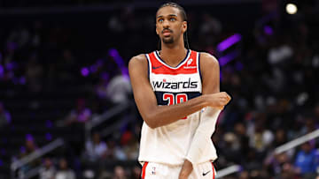 Mar 27, 2025; Washington, District of Columbia, USA; Washington Wizards forward Alex Sarr (20) looks on during the first half against the Indiana Pacers at Capital One Arena. Mandatory Credit: Daniel Kucin Jr.-Imagn Images