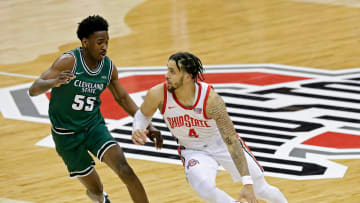 Ohio State guard Duane Washington Jr. (4) is guarded by Cleveland State guard D'Moi Hodge (55) during a game Dec. 13, 2020, at Value City Arena in Columbus, Ohio.

Osu Mens Bbk 12 13