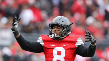 Nov 26, 2016; Columbus, OH, USA;  Ohio State Buckeyes cornerback Gareon Conley (8) gets the crowd into the game during the second quarter against the Michigan Wolverines at Ohio Stadium. Ohio State won 30-27. Mandatory Credit: Joe Maiorana-USA TODAY Sports