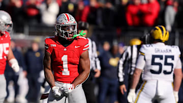 Nov 30, 2024; Columbus, Ohio, USA; Ohio State Buckeyes running back Quinshon Judkins (1) celebrates a first down during the first quarter against the Michigan Wolverines at Ohio Stadium. Mandatory Credit: Joseph Maiorana-Imagn Images