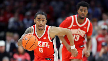 Dec 29, 2024; Columbus, Ohio, USA;  Ohio State Buckeyes guard Ques Glover (6) dribbles up court during the second half against the Indiana State Sycamores at Value City Arena. Mandatory Credit: Joseph Maiorana-Imagn Images