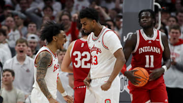 Jan 17, 2025; Columbus, Ohio, USA; Ohio State Buckeyes forward Sean Stewart (13) celebrates a basket with guard Ques Glover (6) during the first half against the Indiana Hoosiers at Value City Arena. Mandatory Credit: Joseph Maiorana-Imagn Images