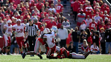 Ohio State Buckeyes linebacker Arvell Reese (20) was ejected for targeting on hit after a catch by Nebraska Cornhuskers wide receiver Jahmal Banks (4) during the fourth quarter of their game at Ohio Stadium on Oct 26, 2024, in Columbus.