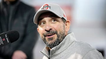 Ohio State defensive coordinator Matt Patricia speaks to the meeting during a press conference before the start of spring football at the Woody Hayes Athletic Center on March 7, 2025.