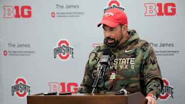Ohio State head coach Ryan Day speaks to the meeting during a press conference before the start of spring football at the Woody Hayes Athletic Center on March 7, 2025.