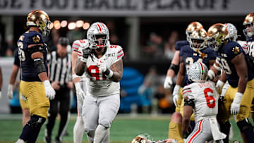 ARIZONA CARDINALS: Ohio State Buckeyes defensive tackle Tyleik Williams (91) celebrates a sack against Notre Dame Fighting Irish in the third quarter during the College Football Playoff championship at Mercedes-Benz Stadium in Atlanta on January 20, 2025.