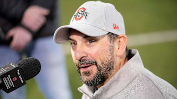 Ohio State defensive coordinator Matt Patricia speaks to the meeting during a press conference before the start of spring football at the Woody Hayes Athletic Center on March 7, 2025.