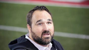 Ohio State offensive line coach Tyler Bowen speaks to the meeting during a press conference before the start of spring football at the Woody Hayes Athletic Center on March 7, 2025.