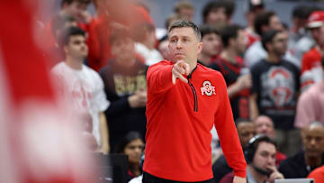Mar 4, 2025; Columbus, Ohio, USA;  Ohio State Buckeyes head coach Jake Diebler calls a play during the second half against the Nebraska Cornhuskers at Value City Arena. Mandatory Credit: Joseph Maiorana-Imagn Images