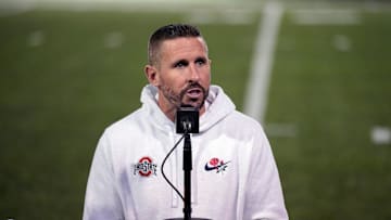 Ohio State offensive coordinator Brian Hartline speaks to the meeting during a press conference before the start of spring football at the Woody Hayes Athletic Center on March 7, 2025.