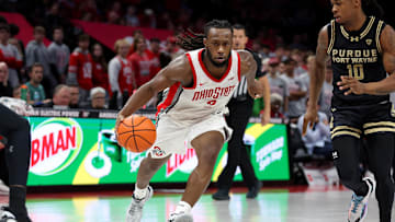 Nov 7, 2025; Columbus, Ohio, USA;  Ohio State Buckeyes guard Bruce Thornton (2) drives to the basket as Purdue Fort Wayne Mastodons guard Corey Hadnot II (10) defends during the second half at Value City Arena. Mandatory Credit: Joseph Maiorana-Imagn Images