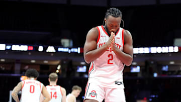 Nov 11, 2025; Columbus, Ohio, USA; Ohio State Buckeyes guard Bruce Thornton (2) looks on before the game against the Appalachian State Mountaineers at Value City Arena. Mandatory Credit: Joseph Maiorana-Imagn Images