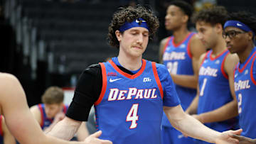 Jan 17, 2025; Washington, District of Columbia, USA; DePaul Blue Demons guard Conor Enright (4) is introduced before a game against the Georgetown Hoyas at Capital One Arena. Mandatory Credit: Daniel Kucin Jr.-Imagn Images