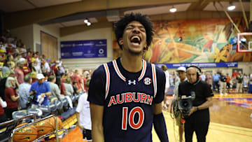 Nov 25, 2024; Lahaina, Hawaii, USA;  Auburn Tigers guard Chad Baker-Mazara (10) reacts after the Tigers defeated the Iowa State Cyclones at the end of an NCAA college basketball game at Lahaina Civic Center. Auburn defeated Iowa State 83-81. Mandatory Credit: Marco Garcia-Imagn Images