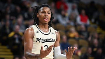 UW-Milwaukee forward Jamichael Stillwell (3) questions a would call in the second half of a Cream City Challenge game against Wofford on Saturday, November 23, 2024, at the UW-Milwaukee Panther Arena in Milwaukee, Wisconsin. UWM won, 76-74.