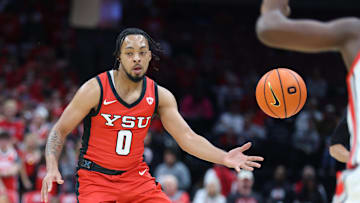 Nov 11, 2024; Columbus, Ohio, USA;  Youngstown State Penguins guard Jason Nelson (0) loses the ball during the first half against the Ohio State Buckeyes at Value City Arena. Mandatory Credit: Joseph Maiorana-Imagn Images