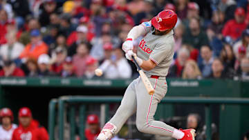 Mar 27, 2025; Washington, District of Columbia, USA; Philadelphia Phillies first base Bryce Harper (3) hits a home run during the seventh inning against the Washington Nationals at Nationals Park. Mandatory Credit: Reggie Hildred-Imagn Images