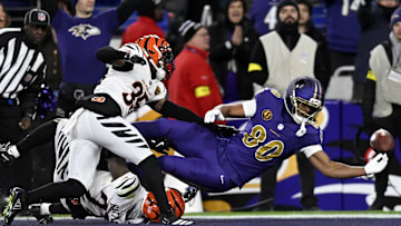 Nov 27, 2025; Baltimore, Maryland, USA; Baltimore Ravens tight end Isaiah Likely (80) attempts to make a catch against the Cincinnati Bengals during the first half at M&T Bank Stadium. Mandatory Credit: Tommy Gilligan-Imagn Images