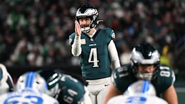 Nov 16, 2025; Philadelphia, Pennsylvania, USA; Philadelphia Eagles place kicker Jake Elliott (4) gets set to kick a field goal against the Detroit Lions during the first half at Lincoln Financial Field. Mandatory Credit: Eric Hartline-Imagn Images