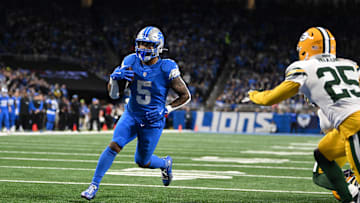 Dec 5, 2024; Detroit, Michigan, USA;  Detroit Lions running back David Montgomery (5) runs untouched into the end zone for a touchdown against the Green Bay Packers in the first quarter at Ford Field. Mandatory Credit: Lon Horwedel-Imagn Images