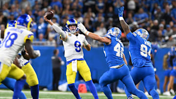 Sep 8, 2024; Detroit, Michigan, USA; Los Angeles Rams quarterback Matthew Stafford (9) throws a pass against the Detroit Lions in the first quarter at Ford Field. Mandatory Credit: Lon Horwedel-Imagn Images