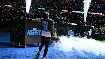 Jan 5, 2025; Detroit, Michigan, USA; Detroit Lions safety Kerby Joseph (31) takes the field during payer introductions before their game against the Minnesota Vikings at Ford Field. Mandatory Credit: Lon Horwedel-Imagn Images