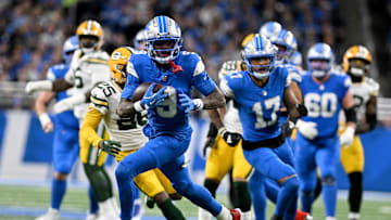 Dec 5, 2024; Detroit, Michigan, USA;  Detroit Lions wide receiver Jameson Williams (9) runs upfield after catching a pass against the Green Bay Packers in the first quarter at Ford Field. Mandatory Credit: Lon Horwedel-Imagn Images