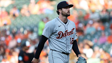 Jun 11, 2025; Baltimore, Maryland, USA; Detroit Tigers pitcher Casey Mize (12) walks off of the field during the second inning against the Baltimore Orioles at Oriole Park at Camden Yards. Mandatory Credit: Daniel Kucin Jr.-Imagn Images