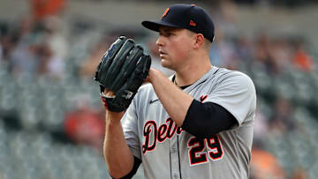 Jun 12, 2025; Baltimore, Maryland, USA; Detroit Tigers pitcher Tarik Skubal (29) looks on during the first inning against the Baltimore Orioles at Oriole Park at Camden Yards. Mandatory Credit: Daniel Kucin Jr.-Imagn Images