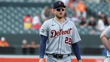 Jun 11, 2025; Baltimore, Maryland, USA; Detroit Tigers outfielder Parker Meadows (22) looks on before a game against the Baltimore Orioles at Oriole Park at Camden Yards.