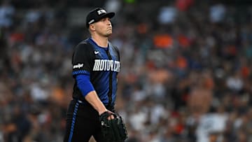 Aug 8, 2025; Detroit, Michigan, USA; Detroit Tigers starting pitcher Tarik Skubal (29) walks off the field after being pulled from the game against the Los Angeles Angels after giving up four runs in 4 2/3 innings at Comerica Park. Mandatory Credit: Lon Horwedel-Imagn Images