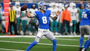 Aug 16, 2025; Detroit, Michigan, USA; Detroit Lions quarterback Kyle Allen (8) throws a pass against the Miami Dolphins in the second quarter of their preseason game at Ford Field. Mandatory Credit: Lon Horwedel-Imagn Images