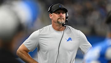 Aug 16, 2025; Detroit, Michigan, USA;  Detroit Lions head coach Dan Campbell on the sidelines during the Lions game against the Miami Dolphins in the first quarter at Ford Field. Mandatory Credit: Lon Horwedel-Imagn Images