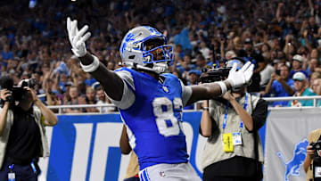 Aug 16, 2025; Detroit, Michigan, USA; Detroit Lions wide receiver Jackson Meeks (83) celebrates after scoring a touchdown against the Miami Dolphins in the second quarter at Ford Field. Mandatory Credit: Eamon Horwedel-Imagn Images