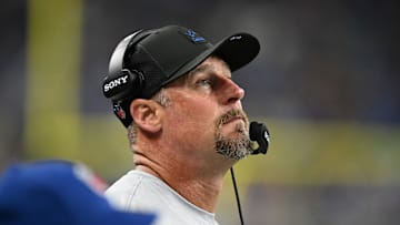 Aug 16, 2025; Detroit, Michigan, USA;  Detroit Lions head coach Dan Campbell on the sidelines during the Lions game against the Miami Dolphins in the first quarter at Ford Field. Mandatory Credit: Lon Horwedel-Imagn Images