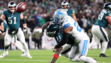 Nov 16, 2025; Philadelphia, Pennsylvania, USA; Philadelphia Eagles wide receiver A.J. Brown (11) attempts to make a catch over Detroit Lions cornerback Rock Ya-Sin (23) during the first half at Lincoln Financial Field. Mandatory Credit: Bill Streicher-Imagn Images