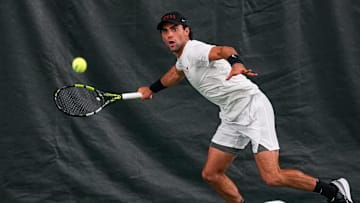 Texas Longhorn Eliot Spizzirri competes against UCLA in the second round of the NCAA Tennis Championship at The Edgar O. and Melanie A. Weller Tennis Center on Saturday, May 4, 2024 in Austin.