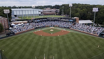 Jun 3, 2024; Chapel Hill, NC, USA; The North Carolina Tar Heels and Louisiana State Tigers face off in the Div. I NCAA baseball regional at Boshamer Stadium.  Mandatory Credit: Jeffrey Camarati-Imagn Images
