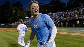 Jun 7, 2024; Chapel Hill, NC, USA; North Carolina Tar Heels Vance Honeycutt (7) celebrates his team’s win over the West Virginia Mountaineers in the DI Baseball Super Regional at Boshamer Stadium.  Mandatory Credit: Jeffrey Camarati-USA TODAY Sports
