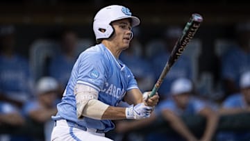 Jun 8, 2024; Chapel Hill, NC, USA; North Carolina Tar Heels Luke Stevenson (44) bats against the West Virginia Mountaineers in the second inning of the DI Baseball Super Regional at Boshamer Stadium. Mandatory Credit: Jeffrey Camarati-Imagn Images