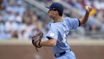 Jun 2, 2024; Chapel Hill, NC, USA; North Carolina Tar Heels pitcher  Aidan Haugh (47) pitches against the Louisiana State Tigers during the Div. I NCAA baseball regional at Boshamer Stadium.  Mandatory Credit: Jeffrey Camarati-Imagn Images
