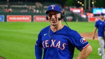 Jun 30, 2024; Baltimore, Maryland, USA; Texas Rangers outfielder Wyatt Langford (36) is interviewed following the game between the Baltimore Orioles and the Texas Rangers at Oriole Park at Camden Yards. Mandatory Credit: Reggie Hildred-USA TODAY Sports