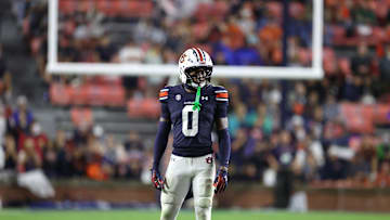 Sep 14, 2024; Auburn, Alabama, USA; Auburn Tigers cornerback Keionte Scott (0) against the New Mexico Lobos at Jordan-Hare Stadium. Mandatory Credit: John Reed-Imagn Images