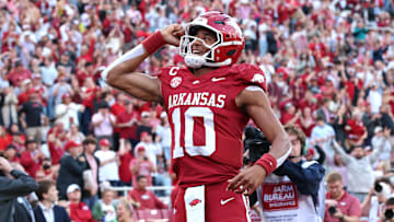 Oct 18, 2025; Fayetteville, Arkansas, USA; Arkansas Razorbacks quarterback Taylen Green (10) celebrates after scoring a touchdown int he second quarter against the Texas A&M Aggies at Donald W. Reynolds Razorback Stadium. Mandatory Credit: Nelson Chenault-Imagn Images