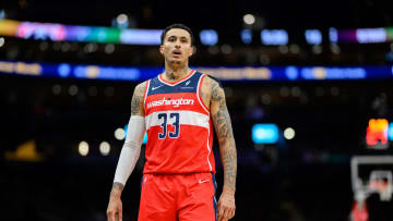 Mar 29, 2024; Washington, District of Columbia, USA; Washington Wizards forward Kyle Kuzma (33) looks on during the second quarter against the Detroit Pistons at Capital One Arena. Mandatory Credit: Reggie Hildred-USA TODAY Sports